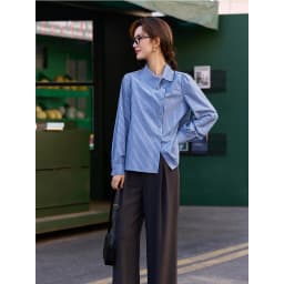 VIMLY Women's Blue Striped Shirt 2026 Spring New Irregular Placket Turn-Down Collar Long Sleeve Top Casual Commute Shirt A3711