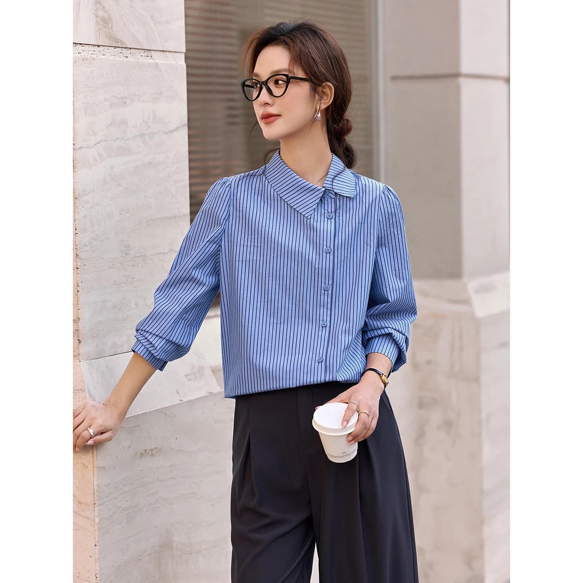 VIMLY Women's Blue Striped Shirt 2026 Spring New Irregular Placket Turn-Down Collar Long Sleeve Top Casual Commute Shirt A3711