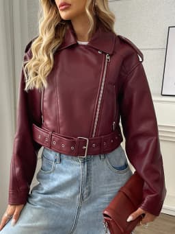 Ailegogo New Streetwear Women Loose Short Pu Faux Leather Jacket Moto Biker Female Belt Zipper Coat Outwear