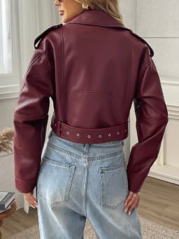Ailegogo New Streetwear Women Loose Short Pu Faux Leather Jacket Moto Biker Female Belt Zipper Coat Outwear