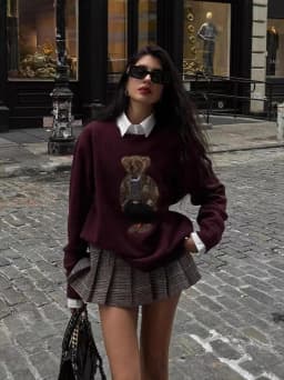 Embroidered Cartoon Bear Y2K Long Sleeve Sweater