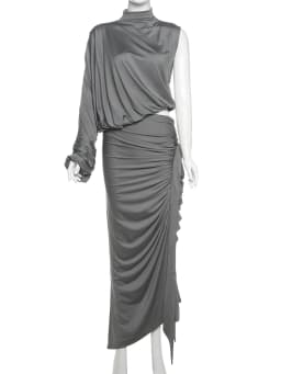 Weird Puss Y2K Solid Style 2 Piece Set Women Turtleneck Single Shoulder Sleeve Tops+Ruched Long Skirts Fashion Elegant Outfits