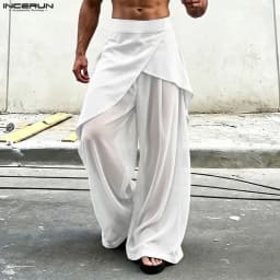 INCERUN Men Pants Mesh Patchwork Wide Leg Trousers For Man Streetwear Loose See Through 2026 Fashion Irregular Pants Pantalones