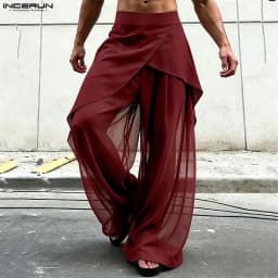 INCERUN Men Pants Mesh Patchwork Wide Leg Trousers For Man Streetwear Loose See Through 2026 Fashion Irregular Pants Pantalones