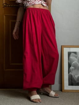 Wide Leg Red Pants For Women Cotton Long Bloomers White Autumn Elastic Waist Lantern Trousers Women Straight Practice Pants Lady