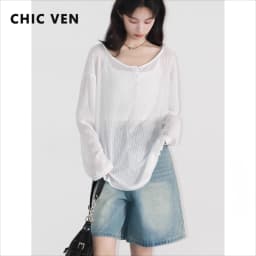 CHIC VEN Korean Women T-Shirts Casual Loose Slightly Transparent O Neck Female Top Thin Tees Spring Summer 2025 Clothing