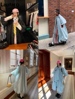 Lautaro Spring Autumn Long Cute Sweet Thin Blue Trench Coat for Women Bow Lantern Sleeve Loose Casual Chic Fashion Overcoat 2026
