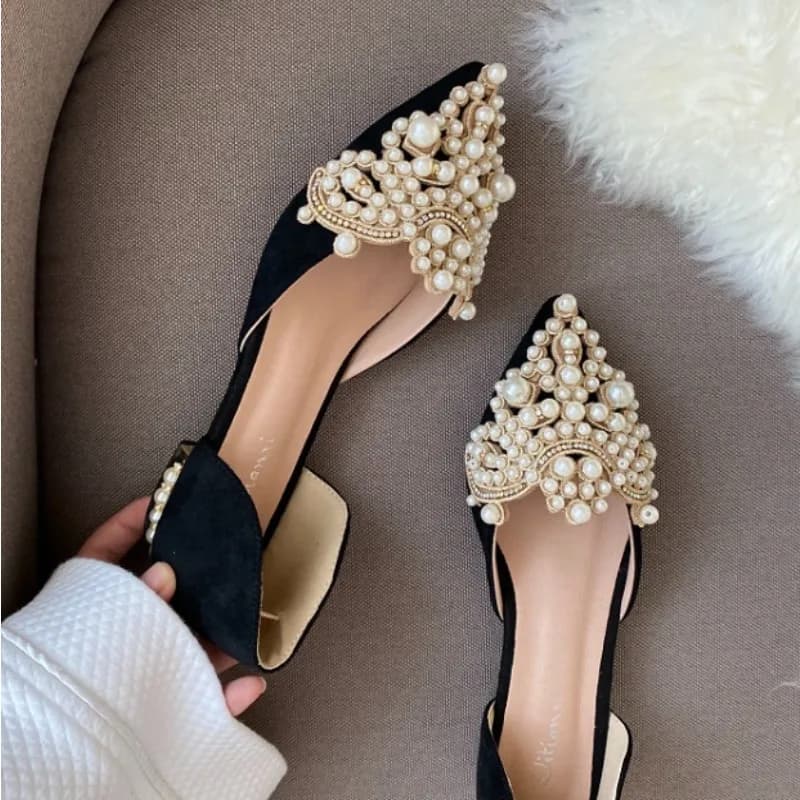 New Crown Pearl Flats Women Wedding Shoes Pointed Toe Female Dress Moccasins Low Pearl Heel Ladies Fashion Luxury Style 43