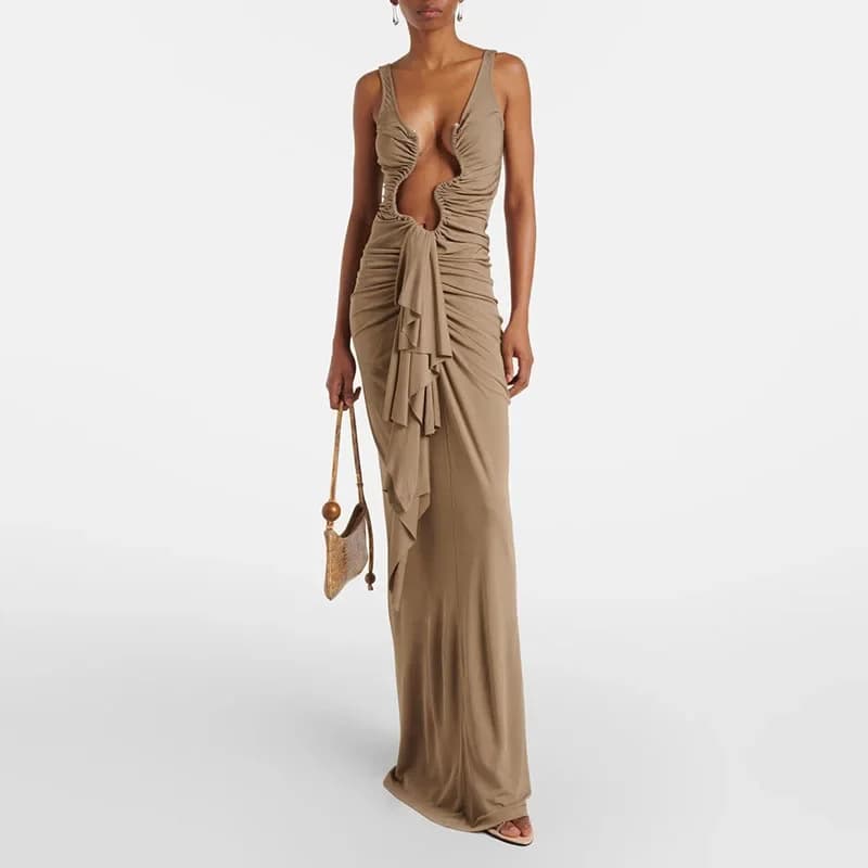 Women Sexy U Asymmetrical Hollow Party Dress Spring Ruffle Slim Pleated Long Dress New Summer Sleeveless Backless Zip Maxi Dress
