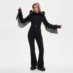 Thicken One-piece Ski Suit Women Faux Fur Hooded Tassels Coat High Waist Belt Jumpsuit 2025 Winter Windproof Waterproof Skiwears