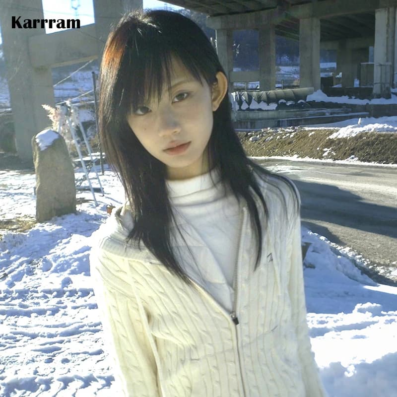 Karrram Japanese Y2k White Hooded Cardigan 2000s Style Embroidered Knitted Jacket Vintage Harajuku Zipper Knitwear American 90s