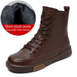 DRKANOL Women Genuine Leather Short Boots Round Toe Genuine Leather Handmade Retro Street Style Winter Warm Flats Ankle Boots