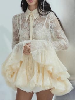 TWOTWINSTYLE Sheer Spliced Ruffles Folds Mini Dresses for Women Lapel Long Sleeves Patchwork Single Breasted Sexy Dress Female