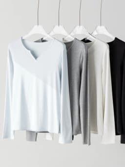 SuyaDream Women Solid T Shirt, Silk Viscose Blend, V Neck, Long Sleeves Chic Shirt 2025 Spring Summer Cozy Top, White, Grey