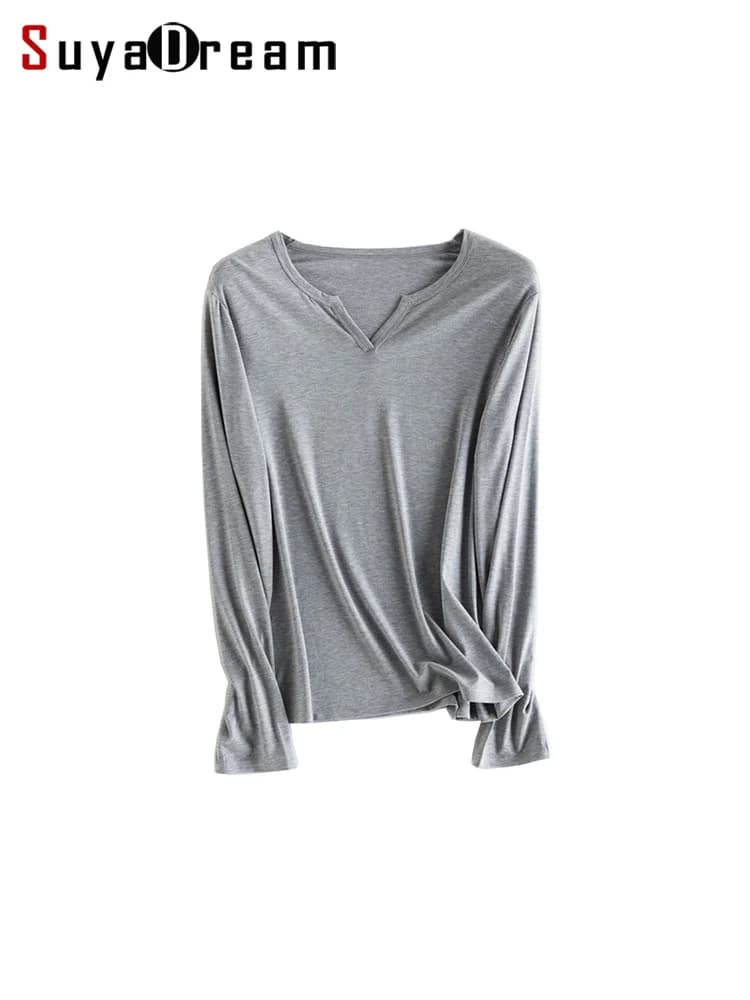 SuyaDream Women Solid T Shirt, Silk Viscose Blend, V Neck, Long Sleeves Chic Shirt 2025 Spring Summer Cozy Top, White, Grey