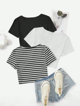 3 Pieces Summer Slim Fit T-Shirt Women's Sexy Short-Sleeved U-Neck Low Cut Solid Color Basic Black/White Korean Style Crop Top