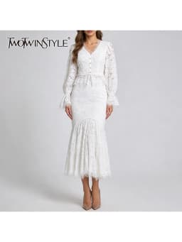 TWOTWINSTYLE Slimming Sheer Spliced Lace Two Piece Sets for Women V Neck Long Sleeves High Waist Irregular Skirt Set Female New