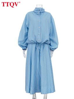 TTQV Fashion Loose Stripe Print 2 Piece Set Women 2026 Elegant Long Sleeve Shirt With High Waist Long Skirt Set Female Clothing