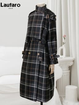 Lautaro Autumn Winter Long Loose Warm Plaid Wool Blends Trench Coat for Women Raglan Sleeve Belt Double Breasted Woolen Overcoat