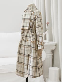 Lautaro Autumn Winter Long Loose Warm Plaid Wool Blends Trench Coat for Women Raglan Sleeve Belt Double Breasted Woolen Overcoat