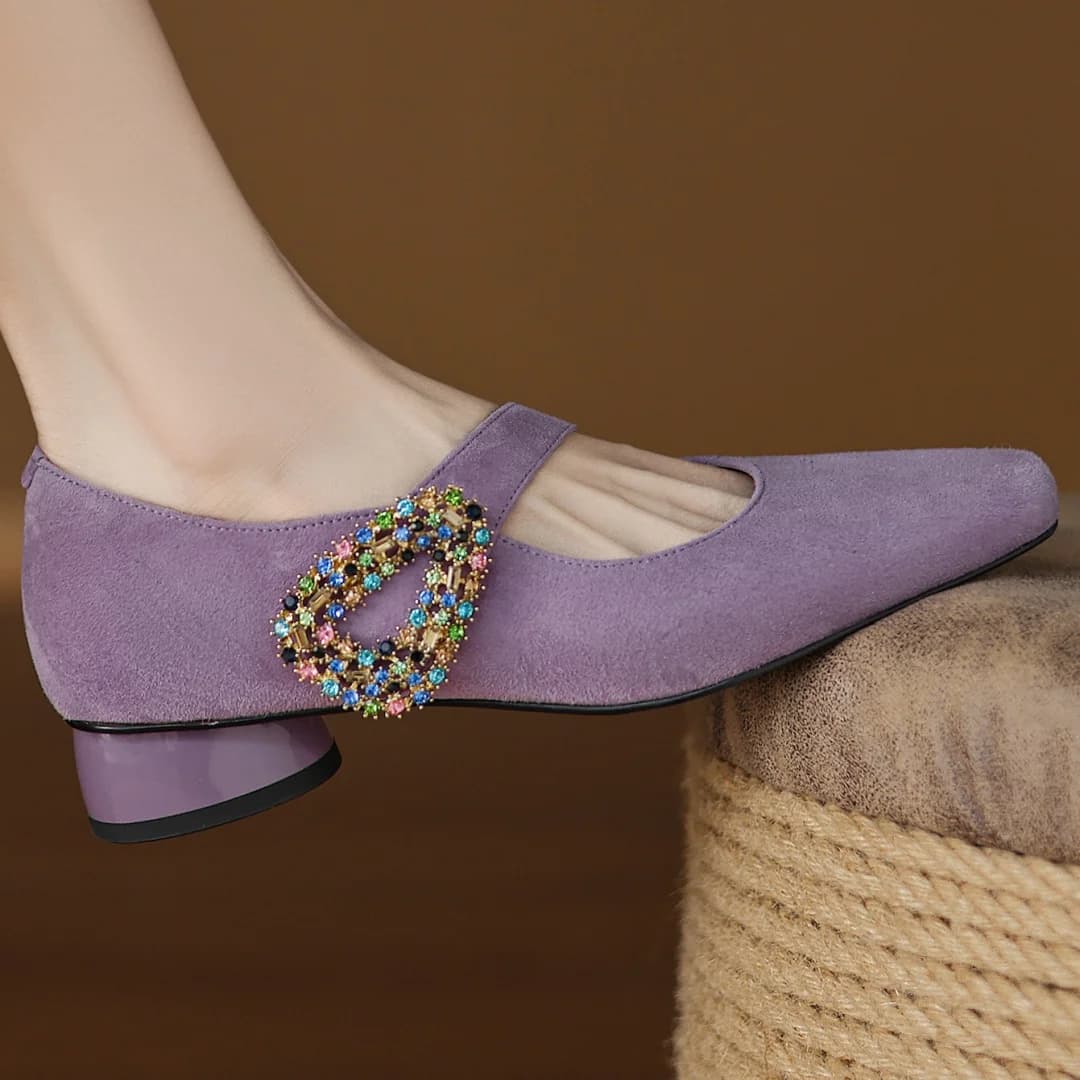 Women's natural suede leather crystal buckle square toe slip-on Mary Jane pumps 3.5cm thick med heel slim daily dress shoes sale
