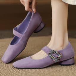 Women's natural suede leather crystal buckle square toe slip-on Mary Jane pumps 3.5cm thick med heel slim daily dress shoes sale