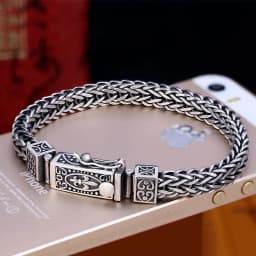 Silver Vintage Bangles Dragon Bone Chain Weaving Bracelet for Women and Men Double‑Chains Buckle Banquet Jewelry