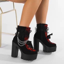 Gdgydh Vintage Gothic Lace Ankle Boots for Women Chunky Heel Side Zipper with Chain Detail Platform Goth Boots High Heels