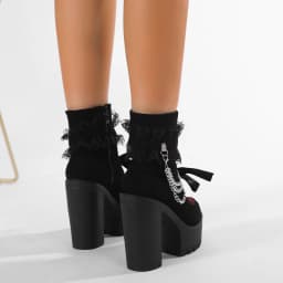 Gdgydh Vintage Gothic Lace Ankle Boots for Women Chunky Heel Side Zipper with Chain Detail Platform Goth Boots High Heels