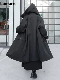 Lautaro Spring Autumn Long Oversized Black Trench Coat with Hood Dark Academia Aesthetic Luxury Designer Clothes for Women 2022
