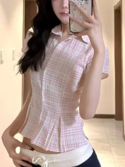 Women Slim Pink Plaid Shirt Sexy Cropped Amercian Vintage Short Sleeve Blouse Summer Causal Preppy Style Female Retro Sweet Tops