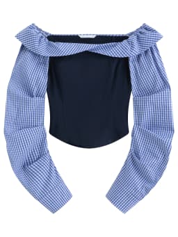 FSLE 2026 Spring Women's Off-Shoulder Blue Gingham Blouse - Elegant Ruffled Lapel Long Sleeve Top for Office Commute