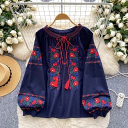 Women's Autumn Bohemian Blouse Ethnic Embroidered O-Neck Shirt Casual Bow Tie Loose Top Linen-cotton Female Pullovers Girl BL256