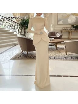 TWOTWINSTYLE Solid Slimming Two Piece Sets for Women Stand Neck Long Sleeves Tunic Top High Waist Skirt Elegant Set Female New