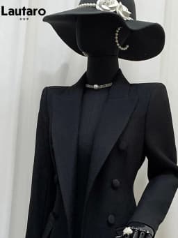Lautaro Spring Autumn Long Black Fitted Blazer Coat for Women Double Breasted Elegant Luxury Chic European Fashion Overcoat 2025