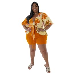 Smstar Plus Size Two Piece Set Women Summer Flowers Print Crop Top Short Sets Beach Style Matching Set Wholesale Drop Shipping