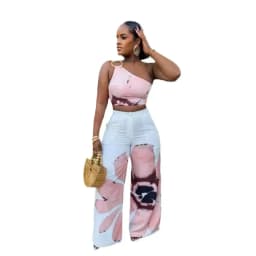Women Set Floral Print Sleeveless Skew Collar Tops +Wide Leg Pants Two 2 Piece Set Outfit Summer Street Tracksuit