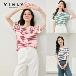 VIMLY Contrast Color Striped Short Sleeve Women's T-shirt 2026 Summer Simple Loose Casual Round Neck Cotton Knit Top M6563