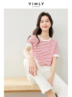 VIMLY Contrast Color Striped Short Sleeve Women's T-shirt 2026 Summer Simple Loose Casual Round Neck Cotton Knit Top M6563