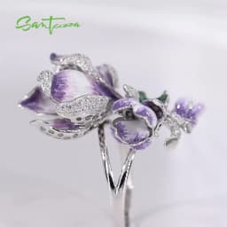 SANTUZZA Pure 925 Sterling Silver Ring For Women Solid Blossom Purple Gradient Enamel Flower White CZ Delicate Gift Fine Jewelry
