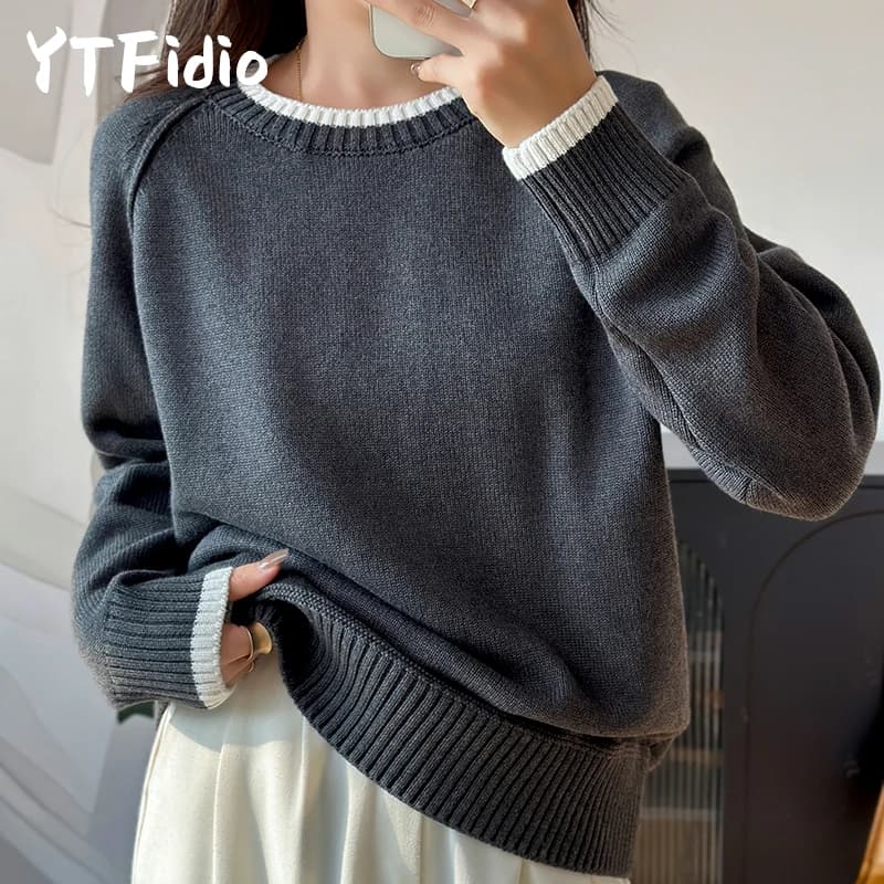 YTFidio 100% Cotton Women O-neck Thick collar with white border Pullover Sweater Luxury Designer Clothing Plus Size 397