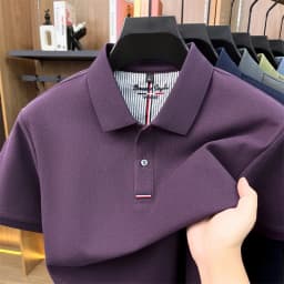 2026 Summer New Men's 100% Mercerized Cotton Short Sleeve Polo Shirt Premium Casual Business Breathable Tops with Striped Detail