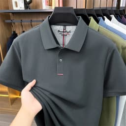 2026 Summer New Men's 100% Mercerized Cotton Short Sleeve Polo Shirt Premium Casual Business Breathable Tops with Striped Detail