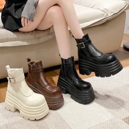 New Women Fur Ankle Boots Thick Sole Leather Combat Motorcycle Boot Autumn Winter Warm Plush High Platform Snow Shoes Woman 10CM