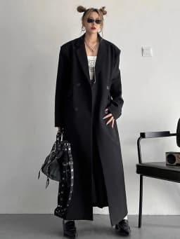 Lautaro Spring Autumn Long Grey Black Trench Coat for Women Double Breasted Loose Casual Korean Fashion Clothing Blazer 2023