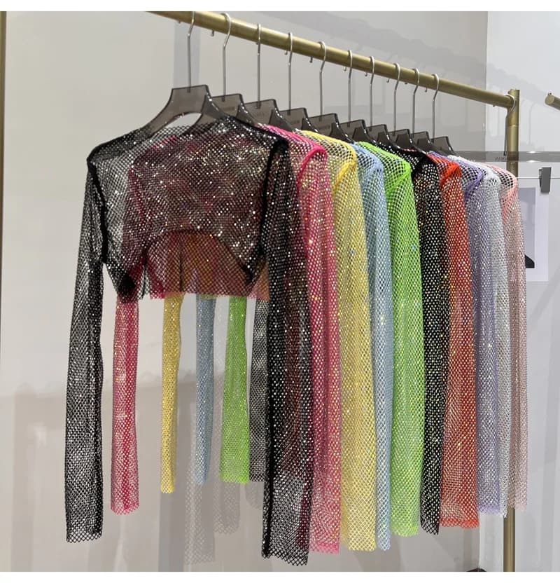 2025 New Summer Sexy Bright Diamond Short Thin Tops Slim Hot Drill Long-sleeved T-shirt Sexy Leak Waist Blouse