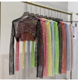2025 New Summer Sexy Bright Diamond Short Thin Tops Slim Hot Drill Long-sleeved T-shirt Sexy Leak Waist Blouse