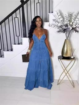 Wmstar Denim Dresses for Women 2025 Elegant New Sweet Sexy Deep V Neck Halter Bandage Belt Long Dress Wholesale Dropshipping