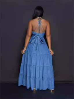 Wmstar Denim Dresses for Women 2025 Elegant New Sweet Sexy Deep V Neck Halter Bandage Belt Long Dress Wholesale Dropshipping