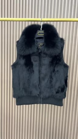 Women's Genuine Real Rabbit Fur Vest Coat Knitting Winter Fox Fur Collar Fur Jacket Casual Short Outwear Slim with Zipper